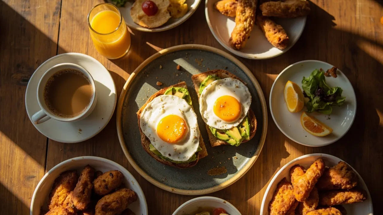 Frühstücks-Spread mit Kaffee von oben