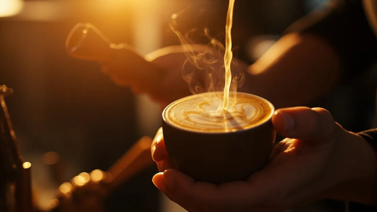 Barista gießt Latte-Art in eine Tasse, Dampf steigt auf
