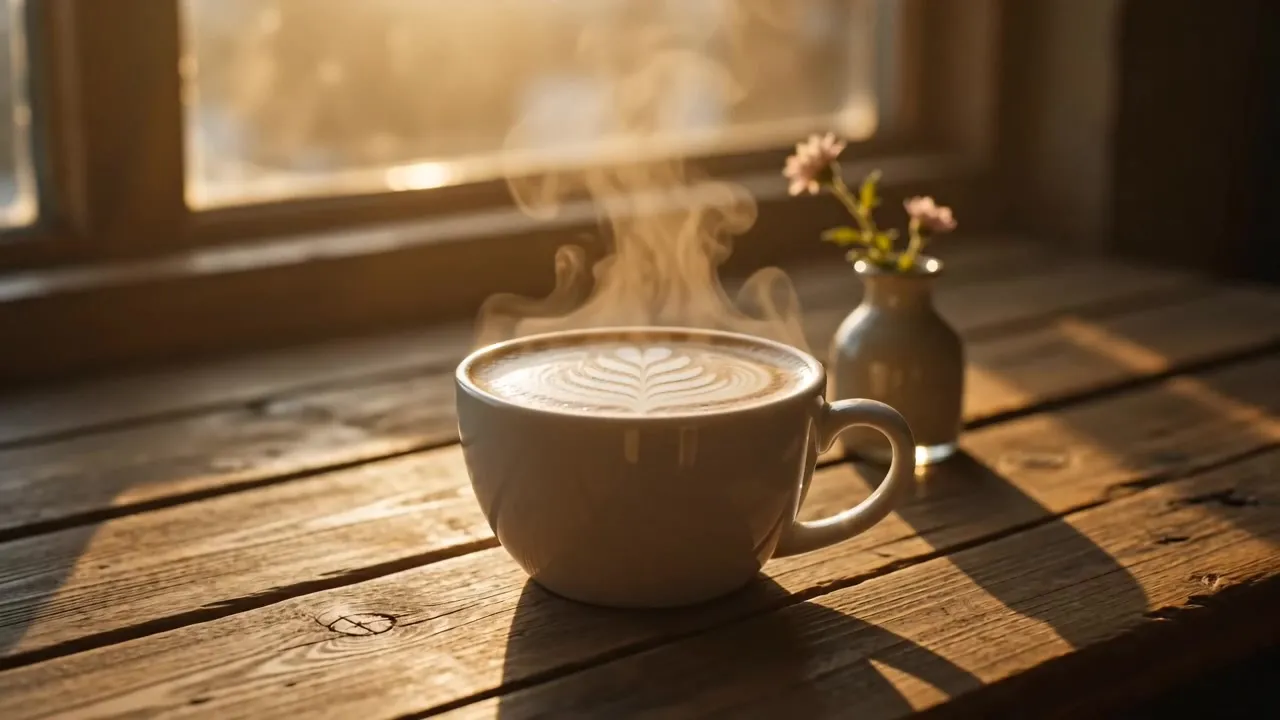 Flat White mit Latte-Art und Gebäck auf einem rustikalen Holztisch im warmen Morgenlicht