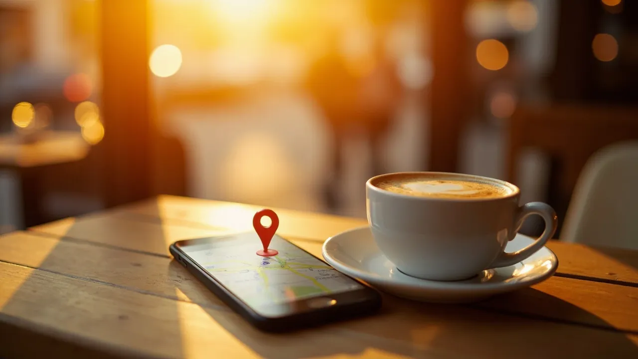 Symbolbild: ein Smartphone mit einer Kartenansicht und Standortmarkierung liegt neben einer Kaffeetasse auf einem Holztisch