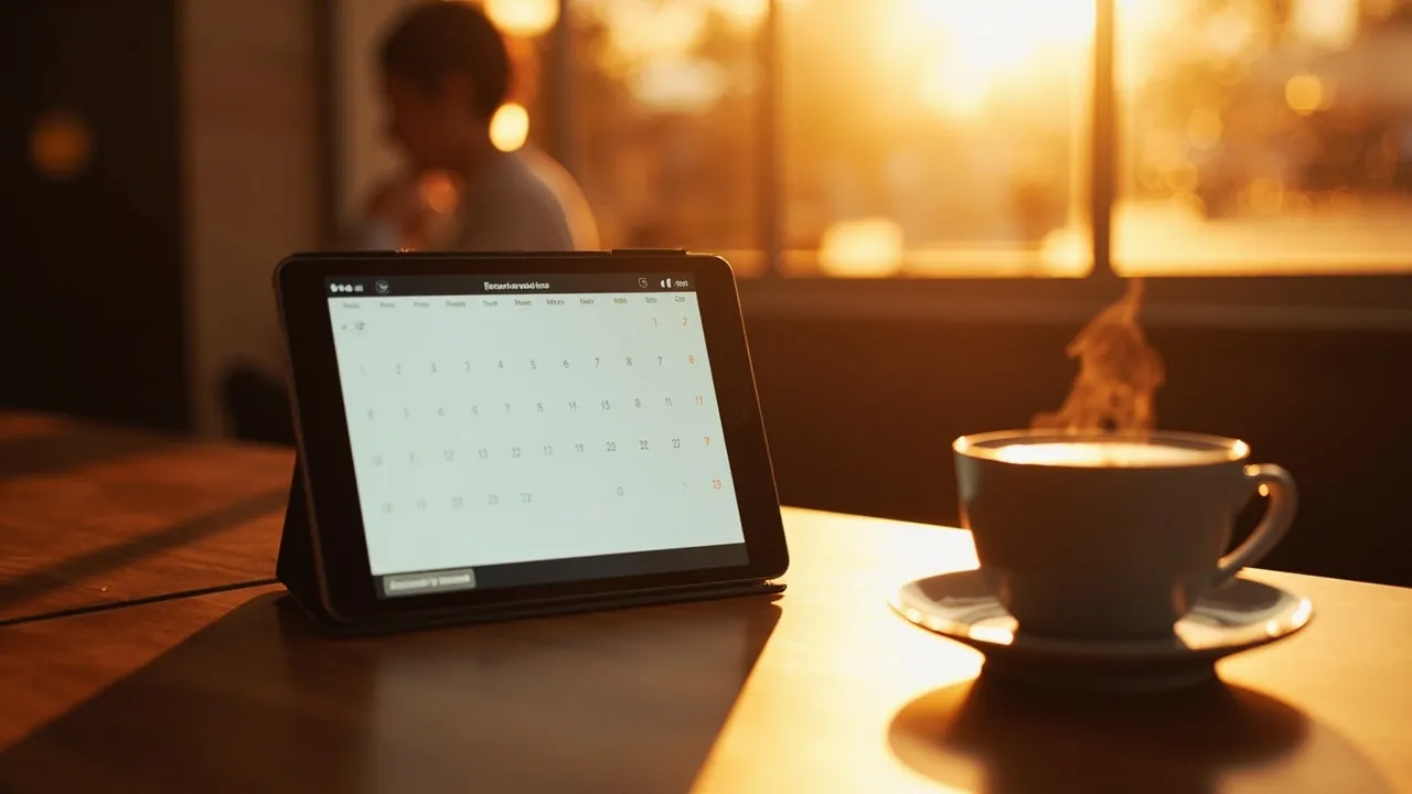 Symbolbild: ein Tablet zeigt einen schlichten Reservierungskalender und steht auf einem Café-Tresen neben einer Kaffeetasse